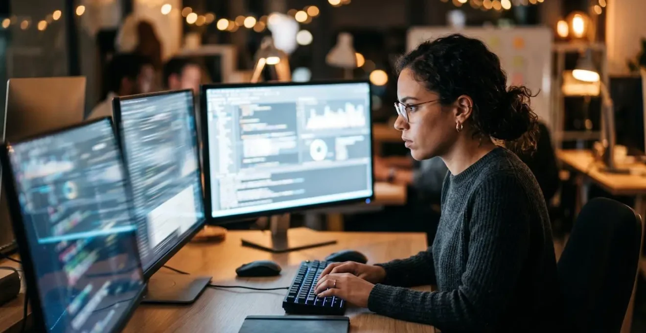 Young professional working intensely in fast-paced startup environment