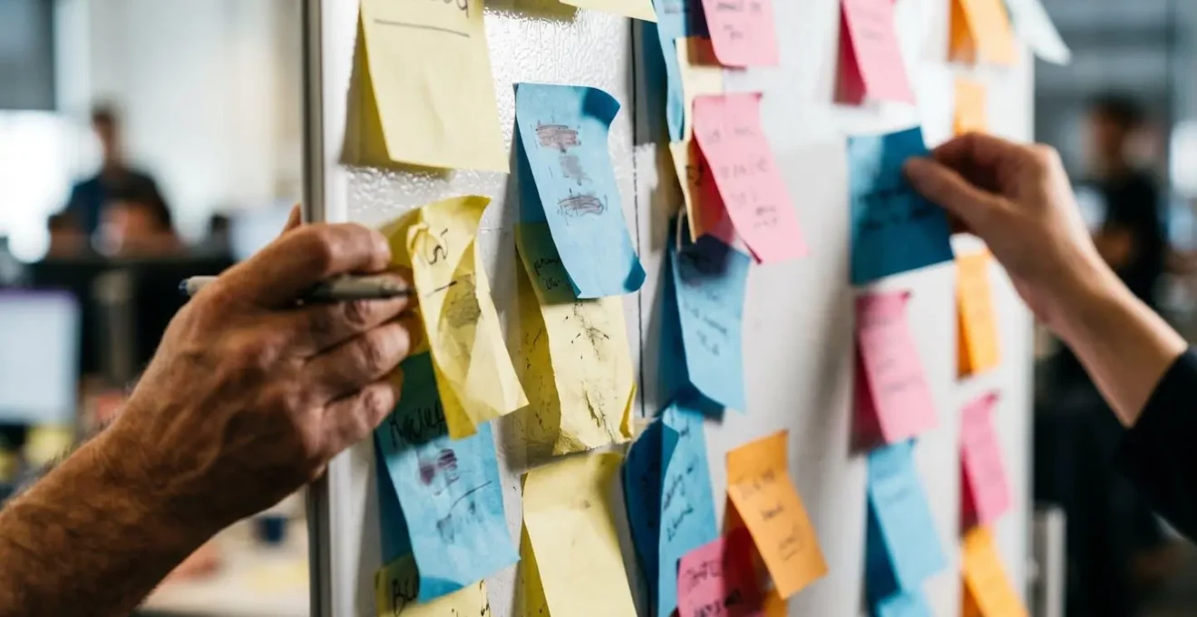 A close-up, textural view of a scrum board with blurred sticky notes, suggesting the intensity and complexity of an Agile meeting.
