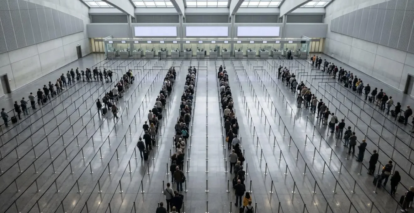 Aerial view of passengers waiting in immigration hall queues with visible flow patterns