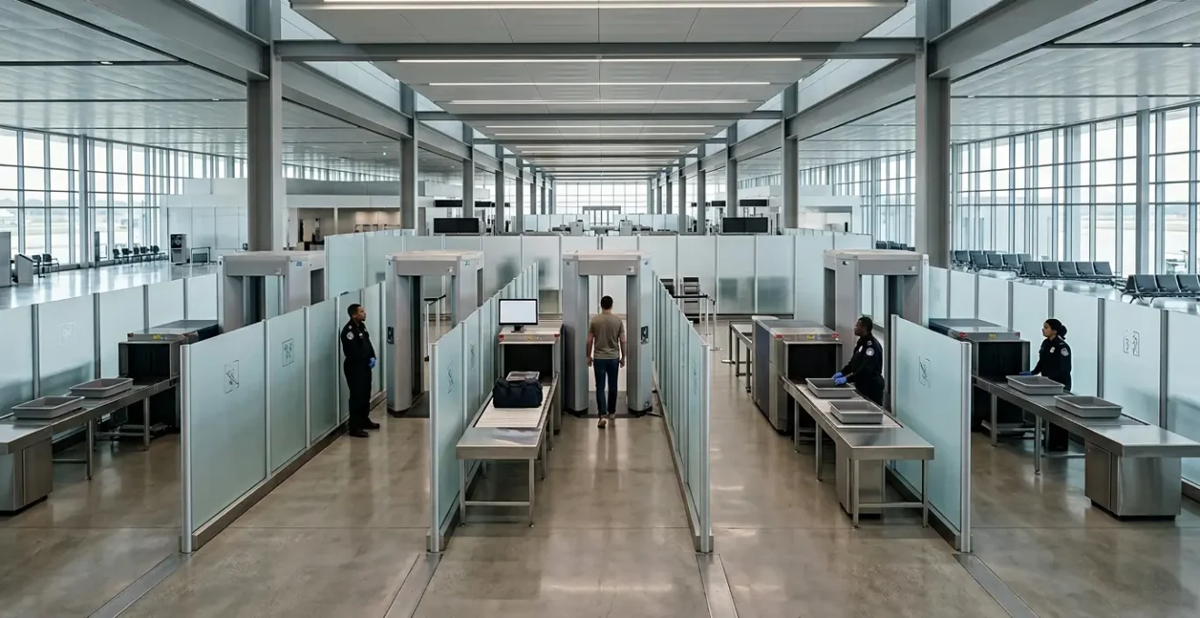 Modern airport security checkpoint with biometric facial recognition technology