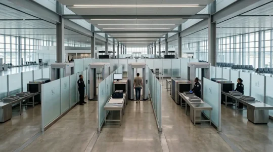 Modern airport security checkpoint with biometric facial recognition technology