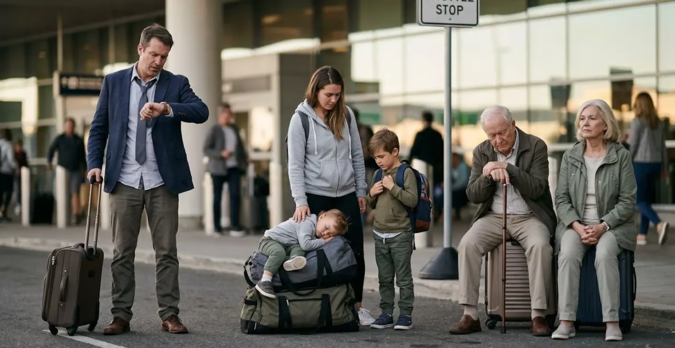 Travelers with luggage waiting at an airport shuttle stop