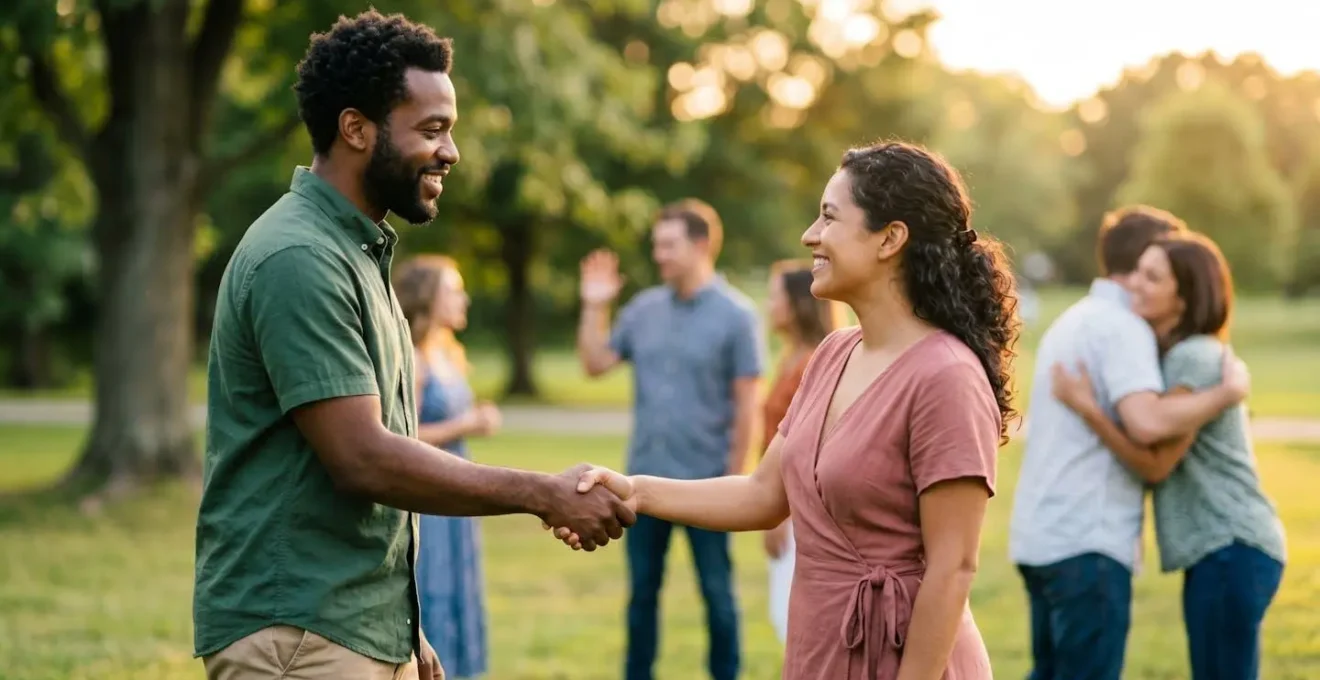 Visual representation of appropriate personal space and greeting gestures in American social contexts