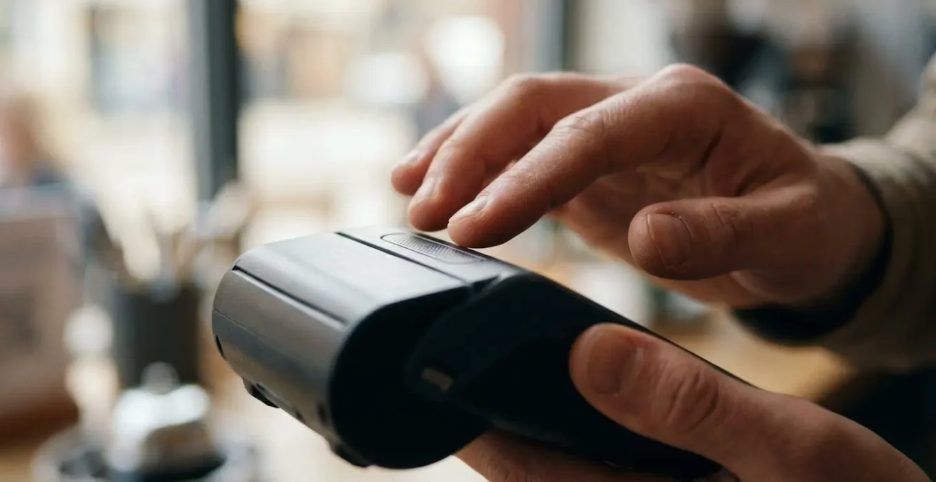 Customer contemplating tipping options at a modern payment terminal