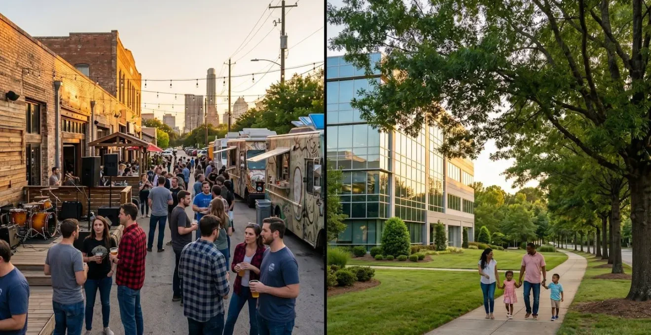 Split scene showing the vibrant, urban music scene of Austin versus the calm, green research park environment of Raleigh