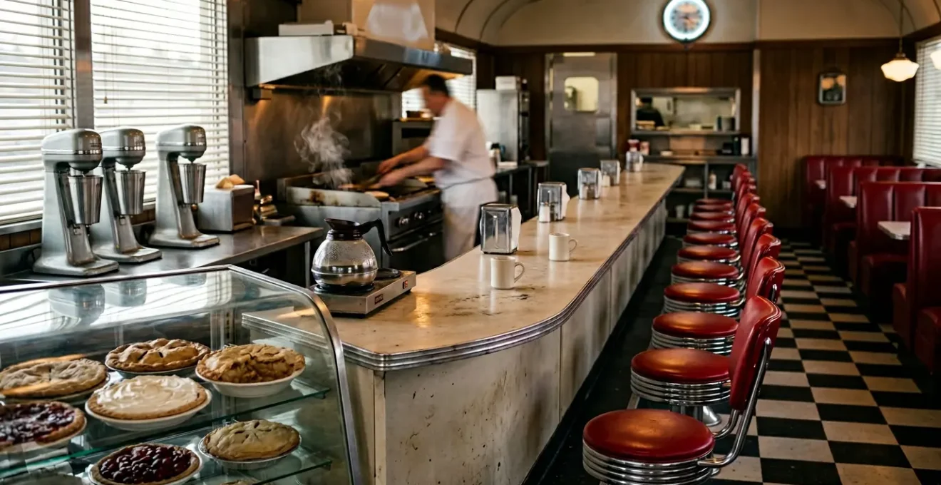 Vintage American diner breakfast counter with stools and classic checkered floor