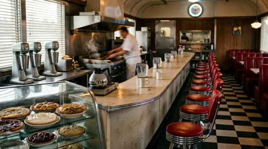 Vintage American diner breakfast counter with stools and classic checkered floor
