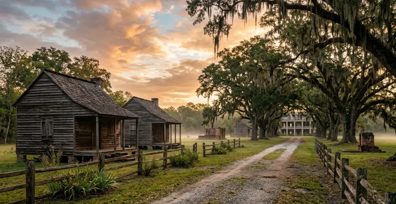 Historic plantation grounds with preserved slave quarters and memorial structures under moody atmospheric lighting