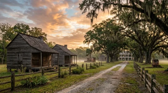 Historic plantation grounds with preserved slave quarters and memorial structures under moody atmospheric lighting