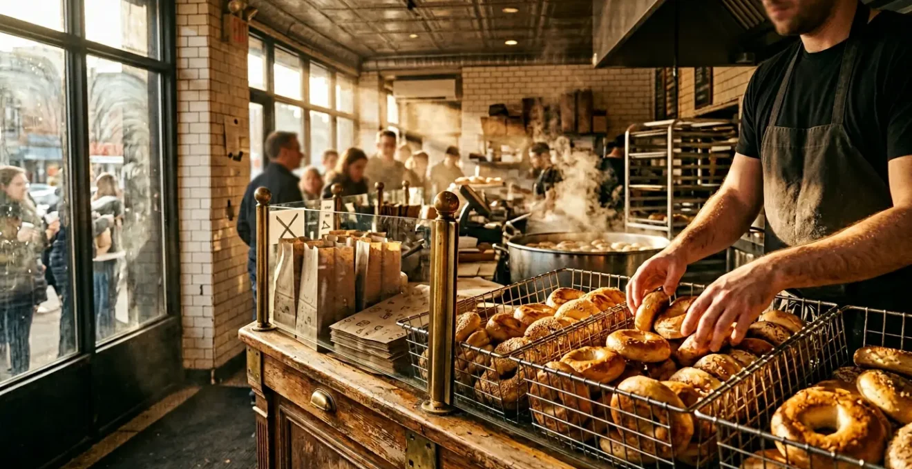 Authentic New York bagel shop during morning rush with hand-rolled bagels