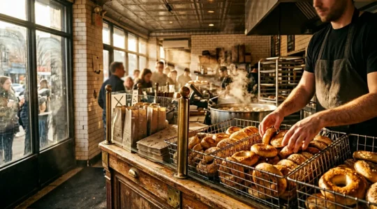 Authentic New York bagel shop during morning rush with hand-rolled bagels