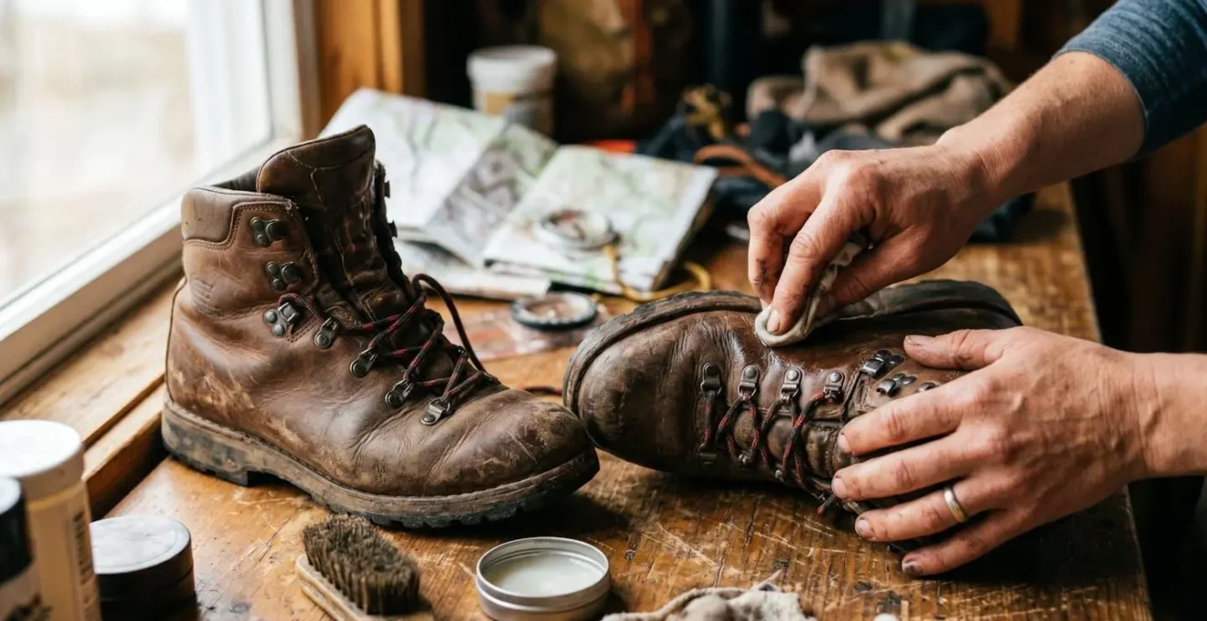 Hands applying waterproofing wax treatment to leather hiking boots
