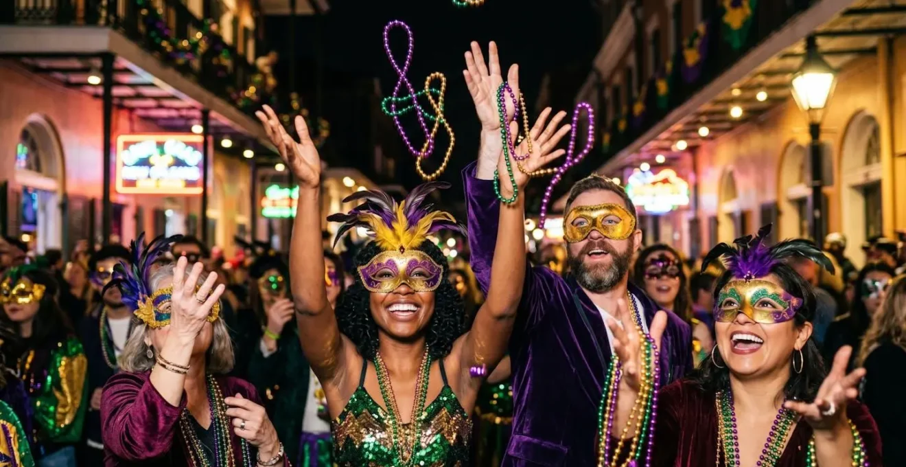 Nighttime view of crowded Bourbon Street during Mardi Gras with festive lighting and masked celebrants