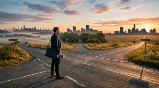 British professional at crossroads between multiple US city skylines