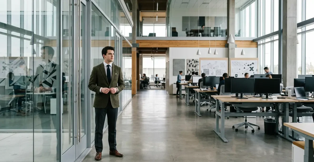 British university graduate navigating modern Silicon Valley tech office environment