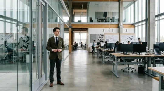 British university graduate navigating modern Silicon Valley tech office environment