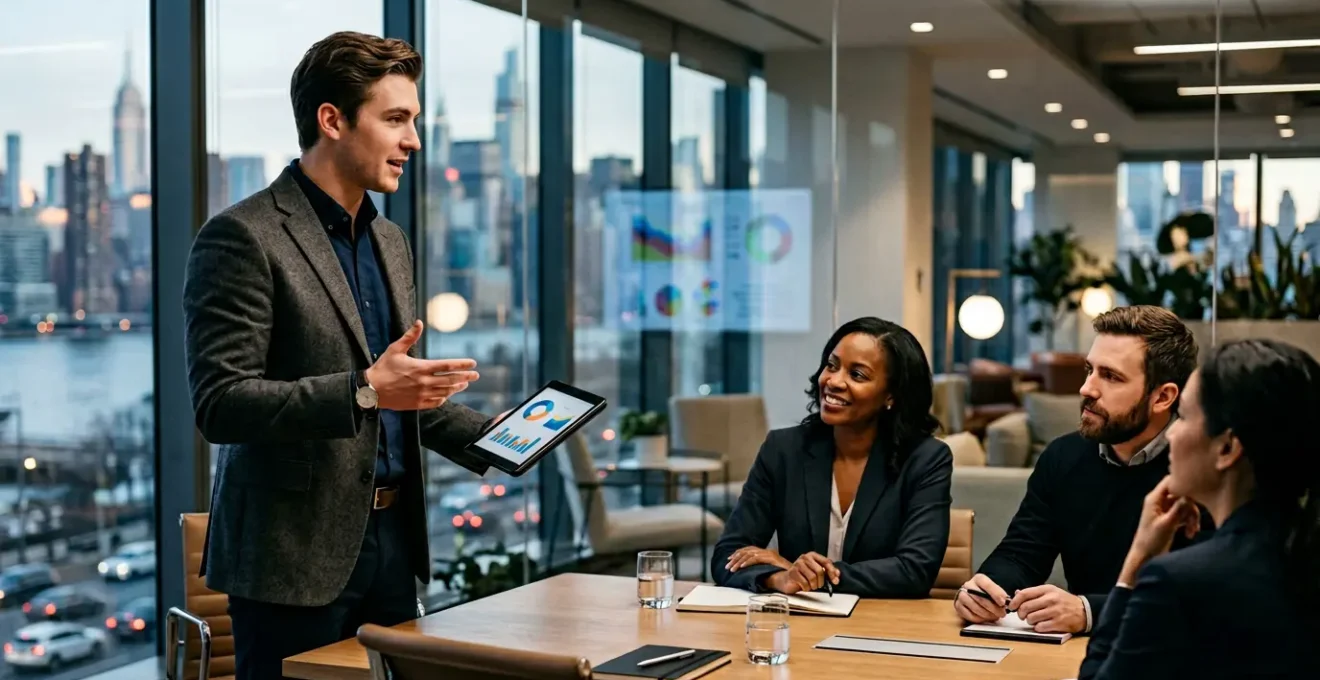 British graduate confidently presenting portfolio to diverse American team