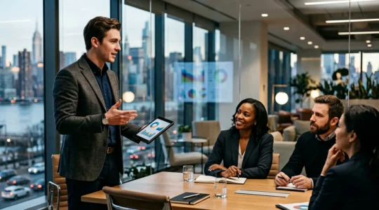 British graduate confidently presenting portfolio to diverse American team