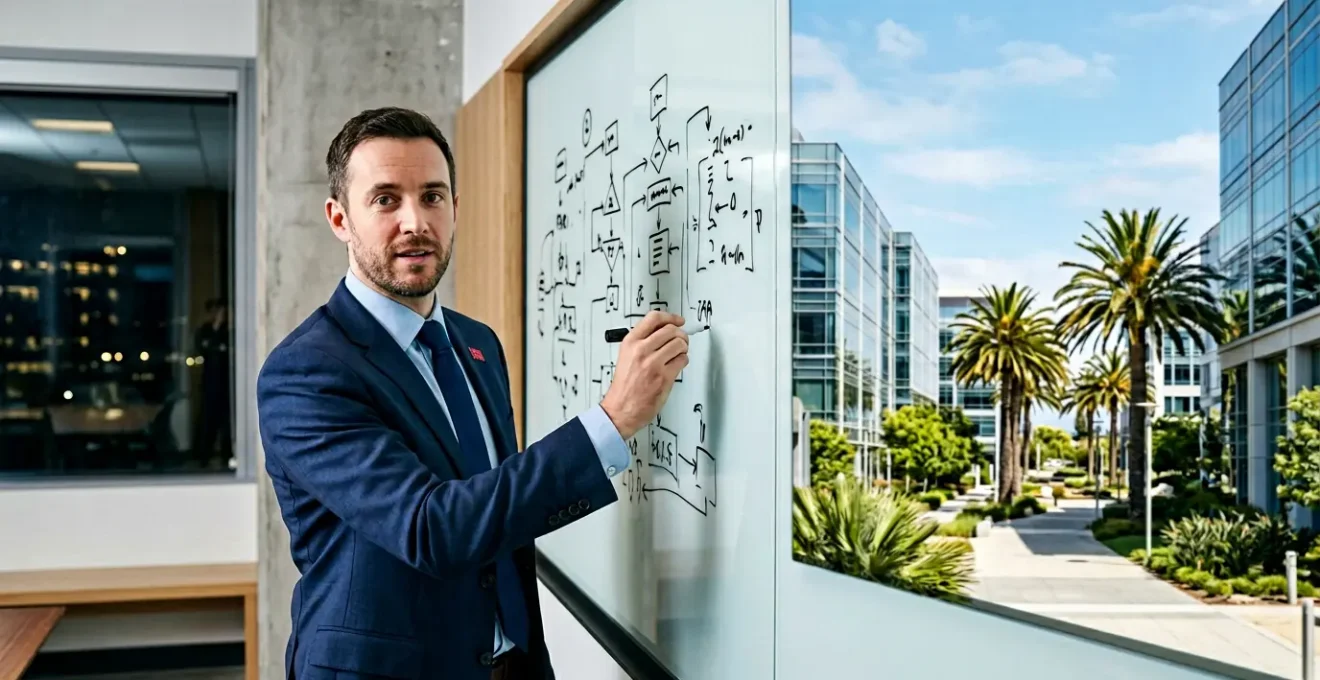 British professional navigating US tech interview culture with contrasting visual elements