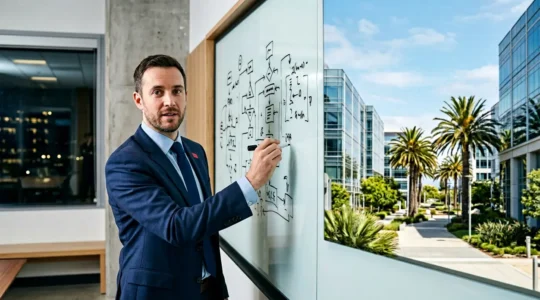 British professional navigating US tech interview culture with contrasting visual elements