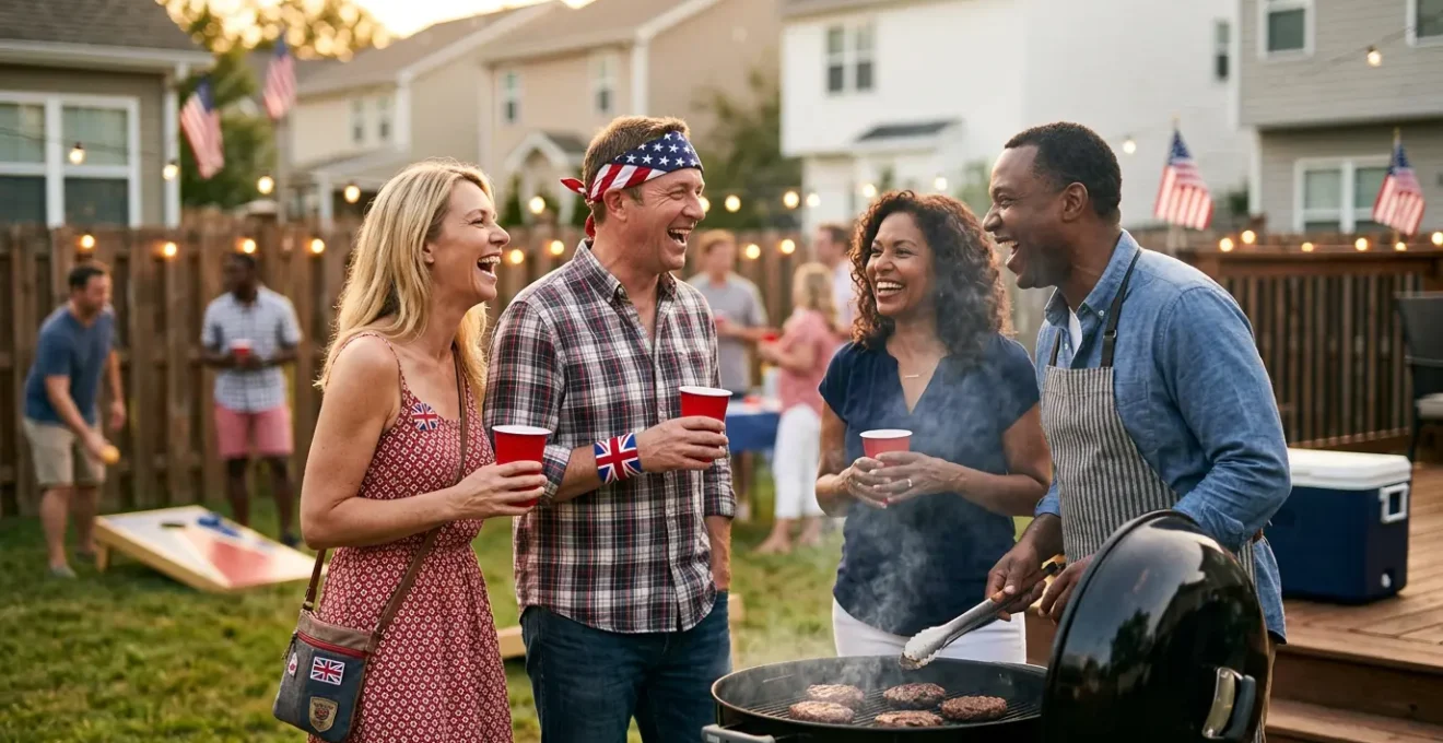 British tourists enjoying an American Fourth of July backyard barbecue celebration