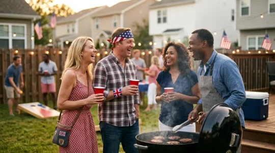 British tourists enjoying an American Fourth of July backyard barbecue celebration