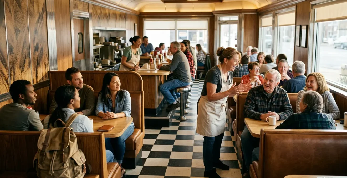 British tourists observing American social interaction in a casual restaurant setting with emphasis on cultural navigation