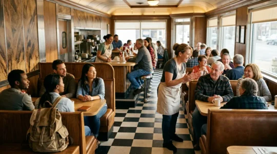 British tourists observing American social interaction in a casual restaurant setting with emphasis on cultural navigation