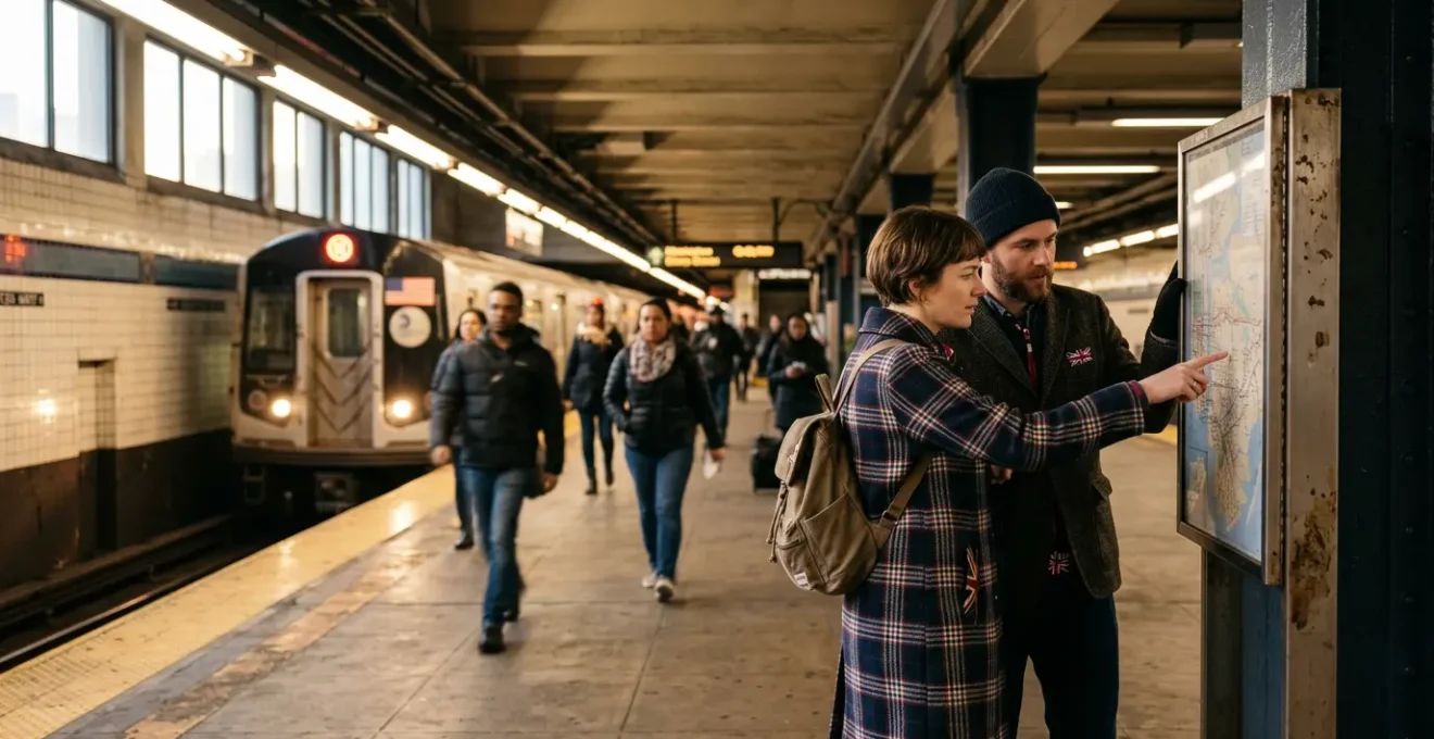 British tourists studying subway map at busy NYC platform with diverse commuters