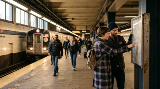 British tourists studying subway map at busy NYC platform with diverse commuters