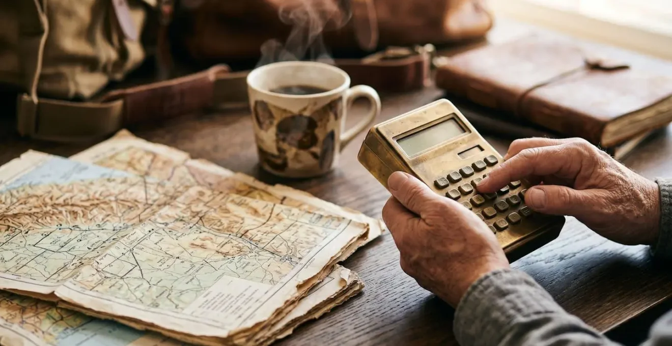 Traveler planning budget flights with maps and calculator