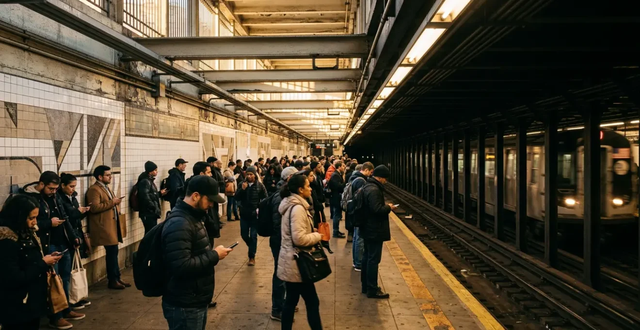 A crowded NYC subway platform during rush hour with diverse commuters waiting for trains