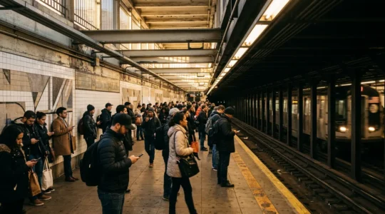 A crowded NYC subway platform during rush hour with diverse commuters waiting for trains