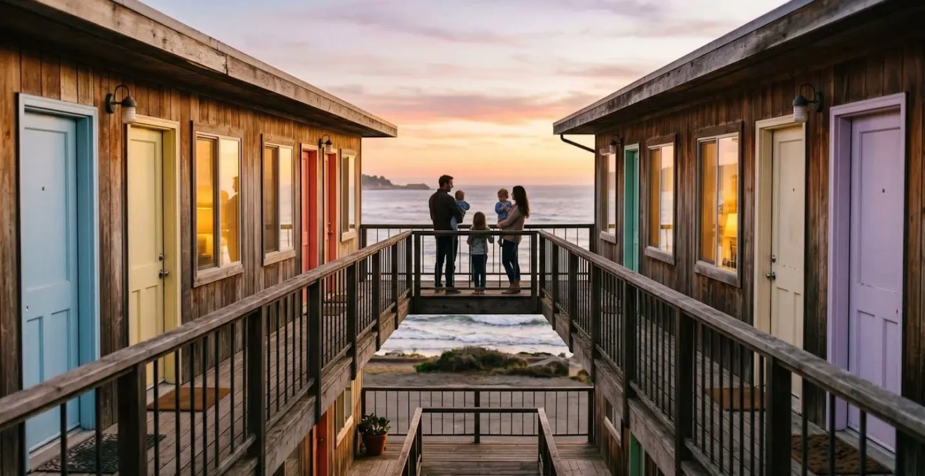 Cozy beachside motel rooms glowing warmly at sunset along Pacific coastline