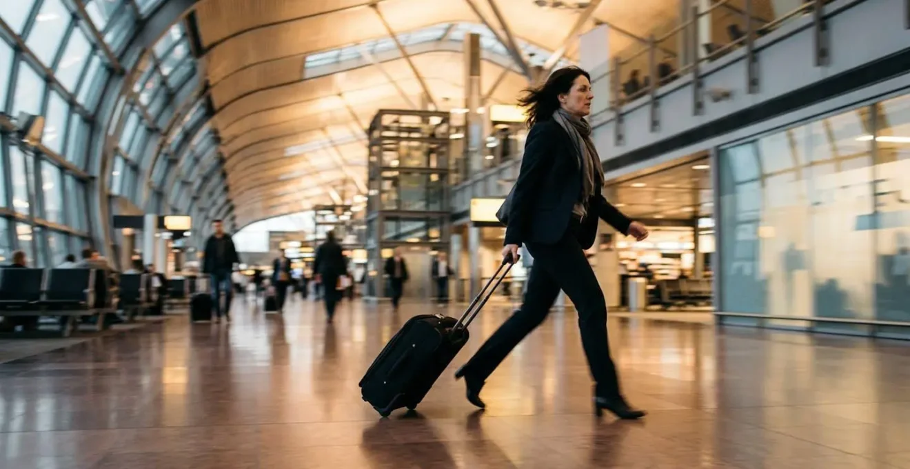 Business traveler rushing through O'Hare terminal with luggage during busy connection time