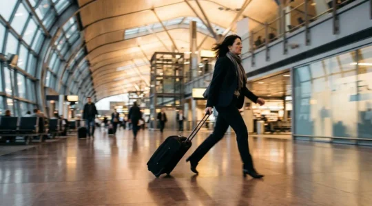 Business traveler rushing through O'Hare terminal with luggage during busy connection time