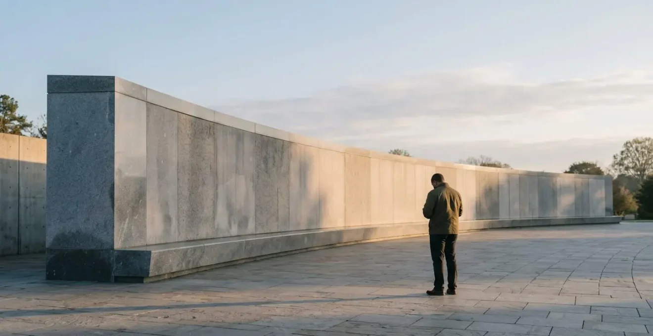 Wide environmental shot of a civil rights memorial site with visitors in quiet contemplation