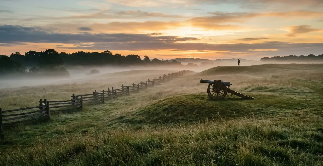 Early morning mist over an empty Civil War battlefield with a lone visitor silhouette and historic cannon