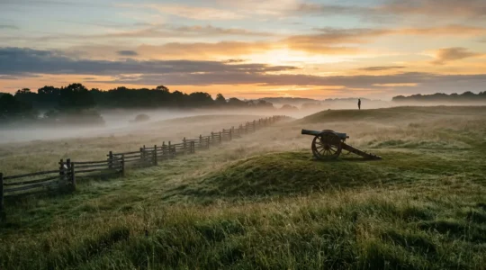 Early morning mist over an empty Civil War battlefield with a lone visitor silhouette and historic cannon