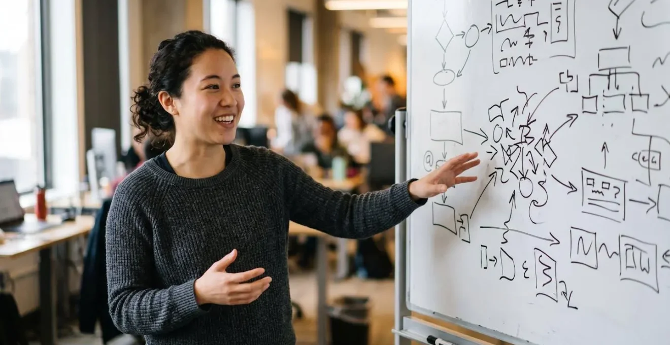 Engineer explaining algorithm approach at whiteboard during technical interview