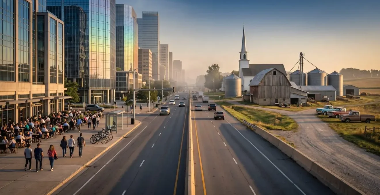 Split landscape showing urban and rural America meeting at a highway intersection