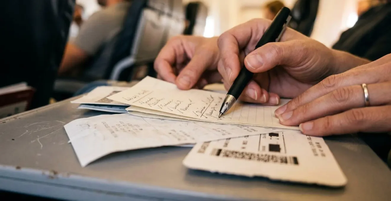 Close-up of hands organizing customs declaration paperwork and receipts before landing