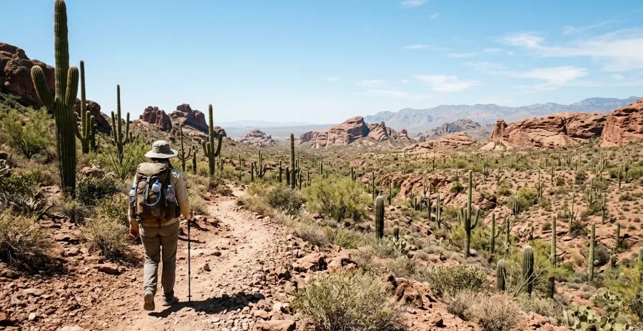 Hiker in Arizona desert landscape with water supplies and safety equipment