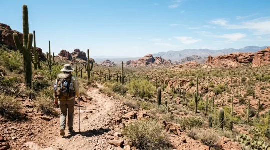 Hiker in Arizona desert landscape with water supplies and safety equipment