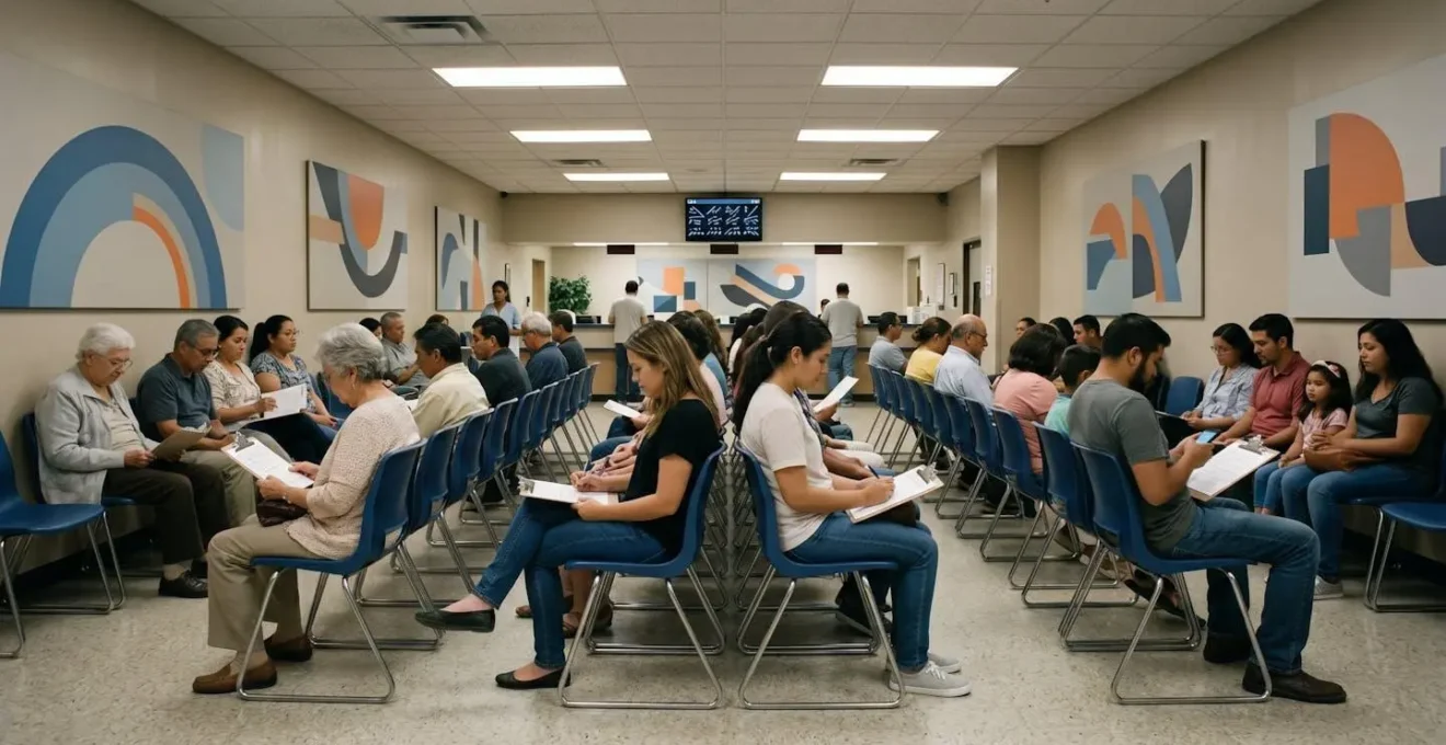 People waiting in line at DMV office representing the license application process