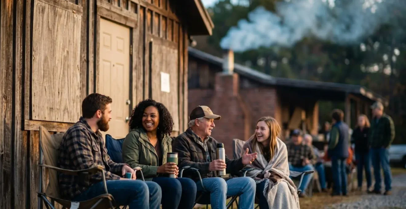 People waiting in line outside BBQ restaurant at dawn