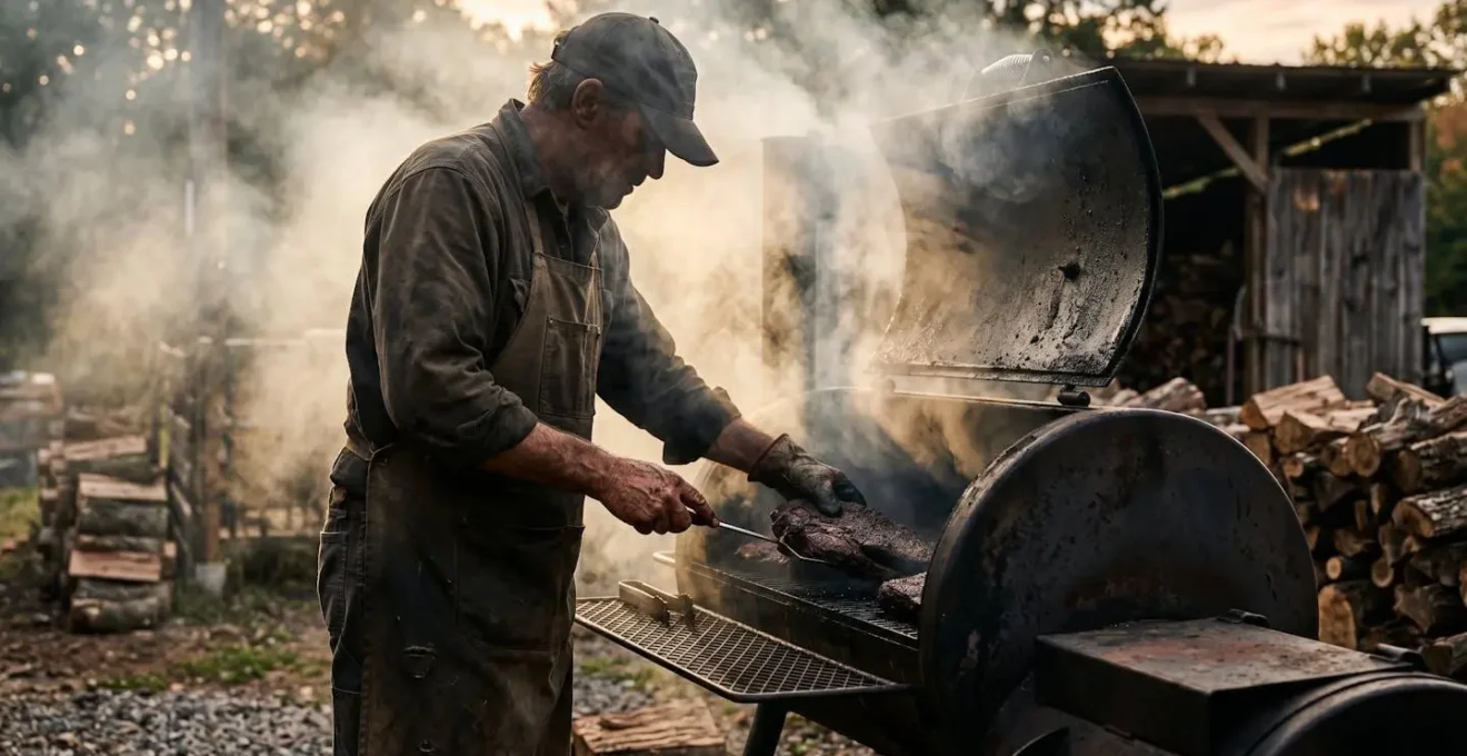 BBQ pitmaster tending to smoking meat in early morning light
