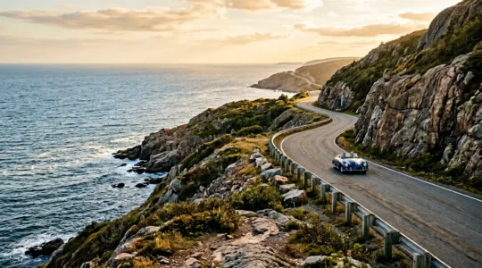 Scenic coastal highway view along the East Coast USA with ocean cliffs and winding road