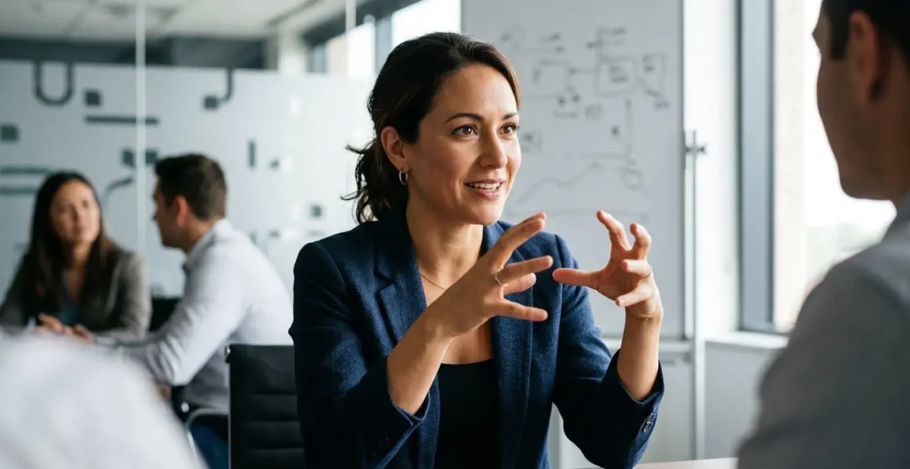 Professional demonstrating confident presentation skills in modern meeting room