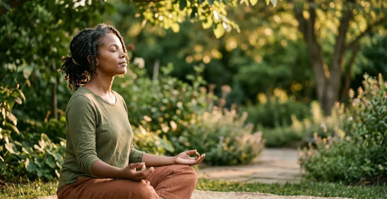 A person sits in quiet meditation in a sunlit garden, representing a moment of emotional recovery.
